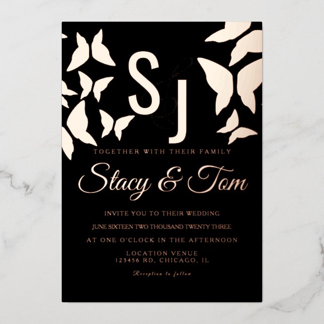 Butterfly Ampersand Pressed Black Foil Einladung (Vorderseite)