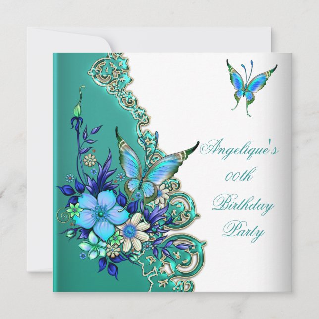 Butterfly Aquamarin Blue Floral Gold Weißes Party Einladung (Vorderseite)