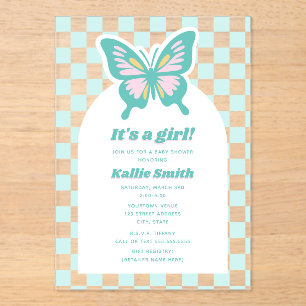 Butterfly Aquamarin Checkerboard Girl Baby Dusche Acryleinladungen