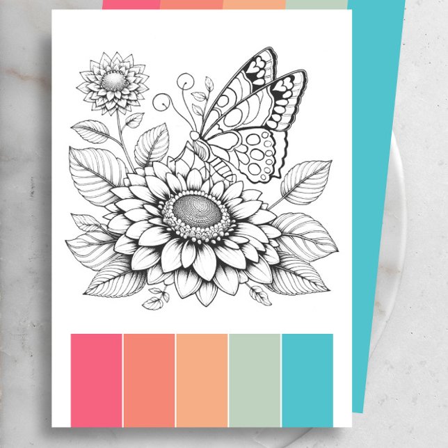 Butterfly Art Coloring Cards Therapieseiten Einladung (Adult coloring pages with color scheme by Victoria Grigaliunas of Do Tell A Belle)