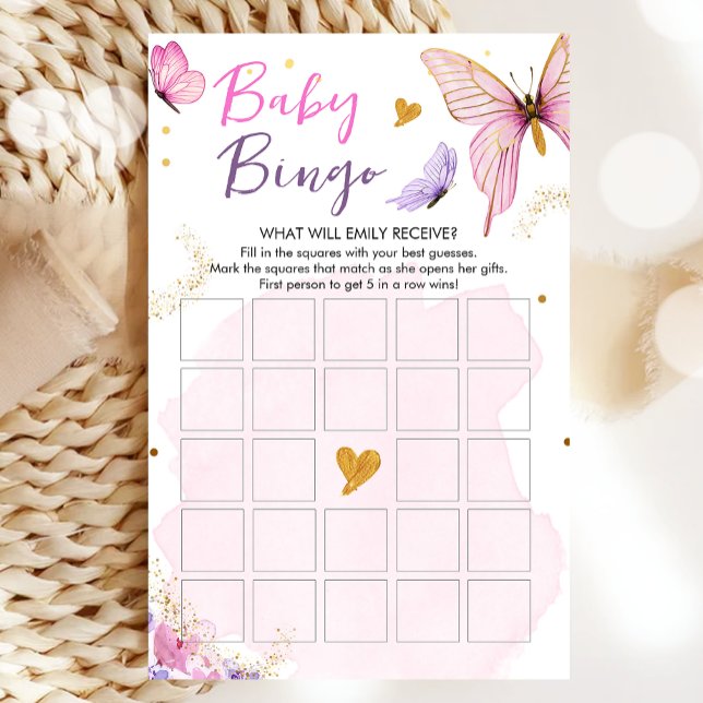 Butterfly Baby Dusche Bingo Game Pink Gold Girl (Von Creator hochgeladen)