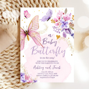 Butterfly Baby Dusche Lila Blütenpinsel Einladung