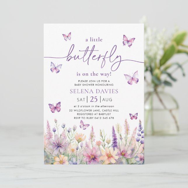 Butterfly Baby Dusche Lila Butterfly Pink Blume Einladung (Stehend Vorderseite)