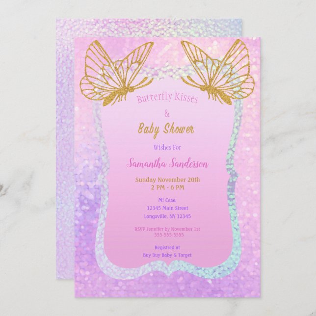 Butterfly Baby Dusche Rosa und Gold Butterfly Kiss Einladung (Vorne/Hinten)