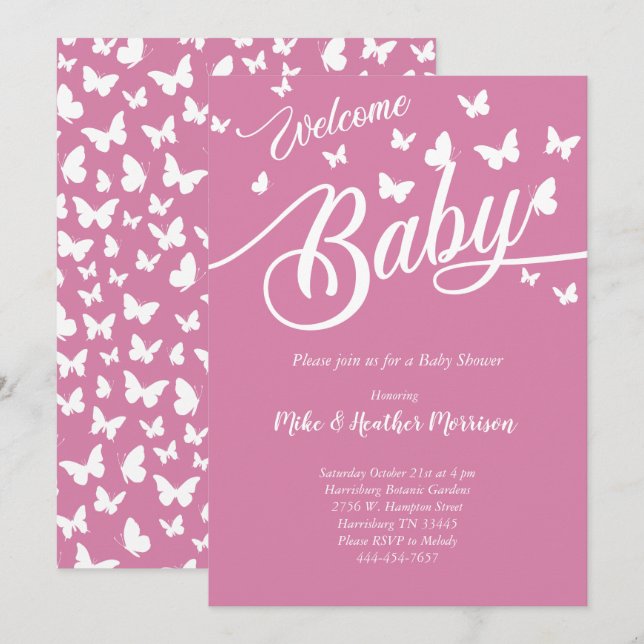Butterfly Baby Dusche Vintag Pink Girl Einladung (Vorne/Hinten)