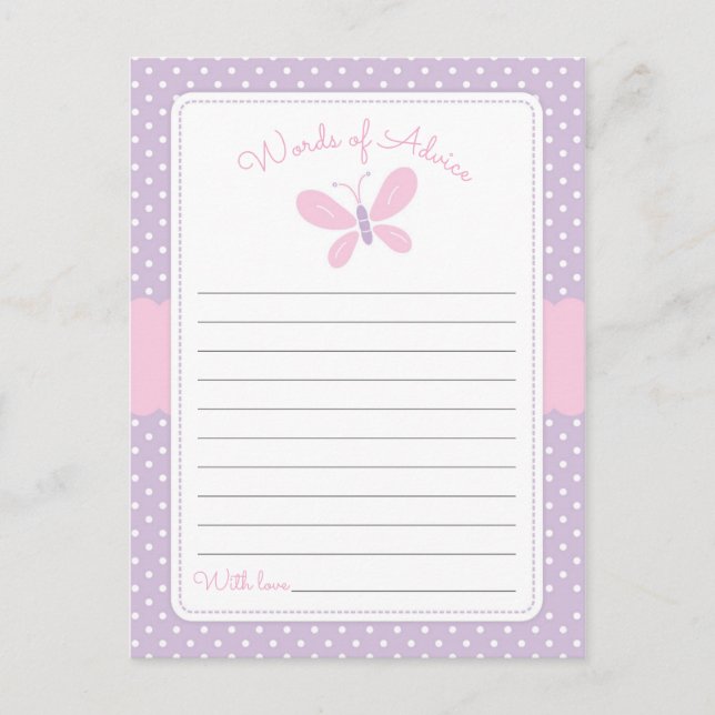 Butterfly Baby Dusche Worte des Ratschlags lila ro Hinweiskarte (Vorderseite)