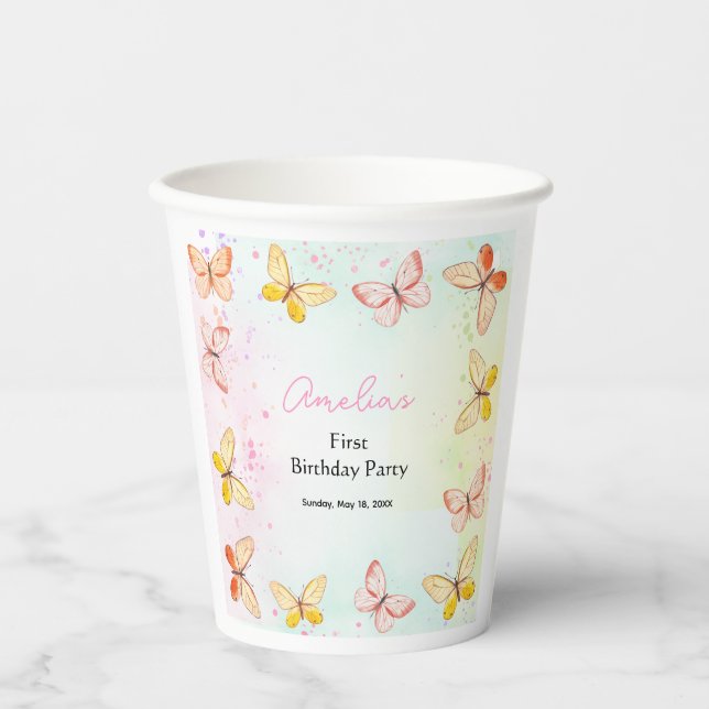 Butterfly Baby Girl 1st Birthday Party Paper Cups Pappbecher (Vorderseite)