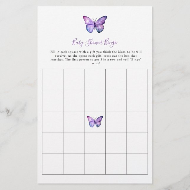 Butterfly Baby Shower Bingo Game Elegantes Skript Flyer (Vorne)