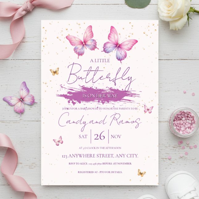 Butterfly Baby Shower Invitation Einladung (A little butterfly is on her way – pink and purple baby shower invitation design.)