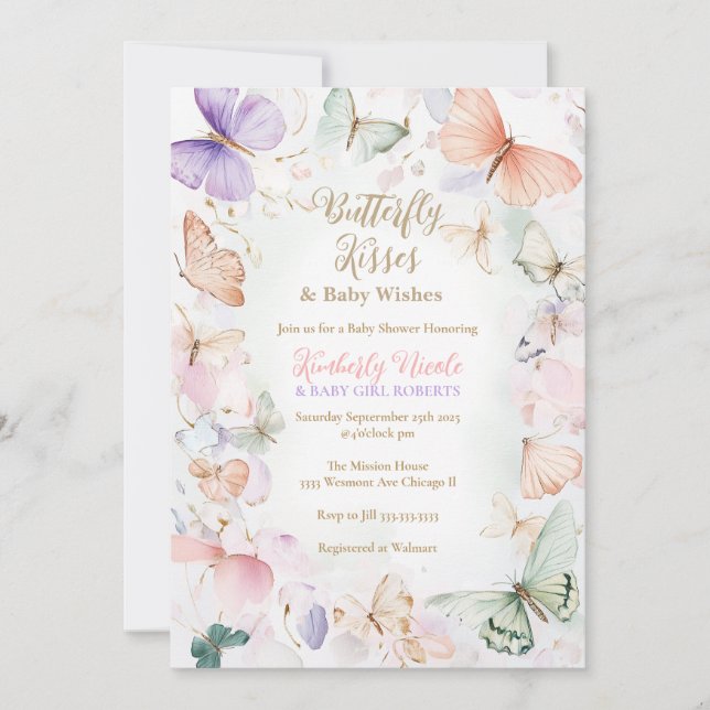 Butterfly Babydusche Einladung Schmetterlingsküsse (Vorderseite)