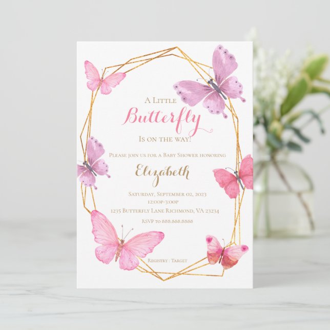 Butterfly BabyShower Einladung pink lila (Stehend Vorderseite)