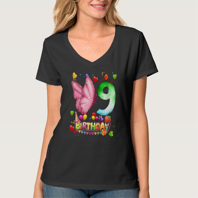 Butterfly Birthday 9 Year Old Kids 9th Butterfly B T-Shirt (Vorderseite)