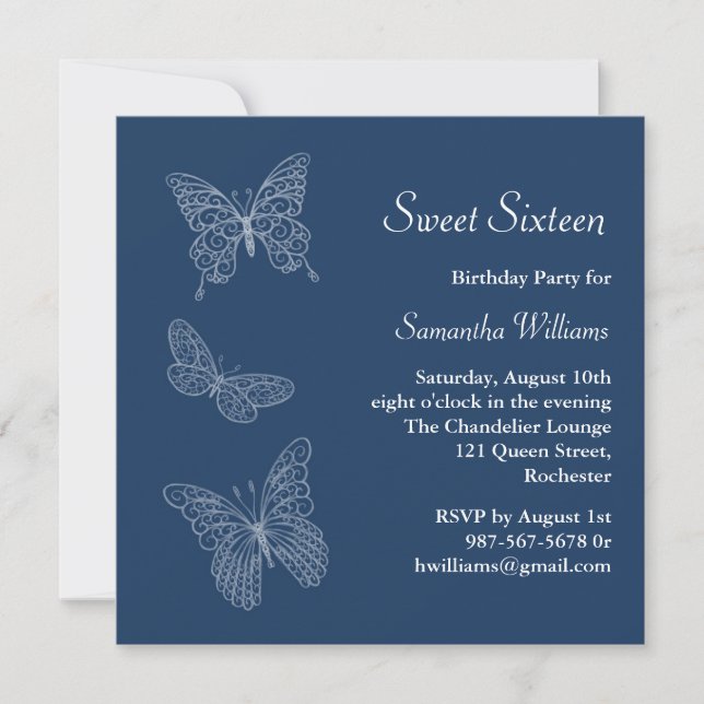 Butterfly Birthday Invitation (blau) Einladung (Vorderseite)