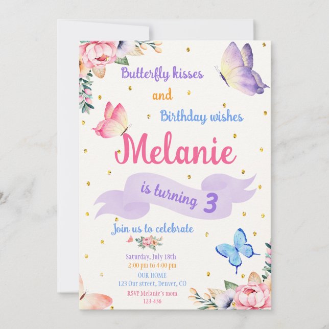 Butterfly Birthday Invitation Floral Party invite Einladung (Vorderseite)