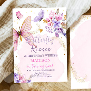 Butterfly Birthday Kisses Lila Floral Pink Girl Einladung