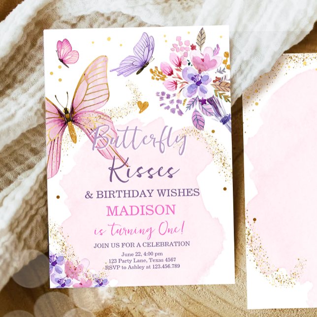 Butterfly Birthday Kisses Lila Floral Pink Girl Einladung (Von Creator hochgeladen)
