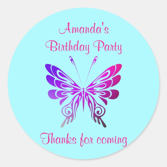 Butterfly Birthday Party Danke Runder Aufkleber (Vorderseite)
