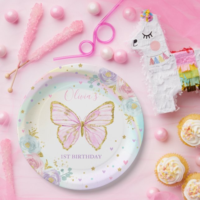 Butterfly Birthday Party Rosa Floral Butterfly Pappteller (Party)
