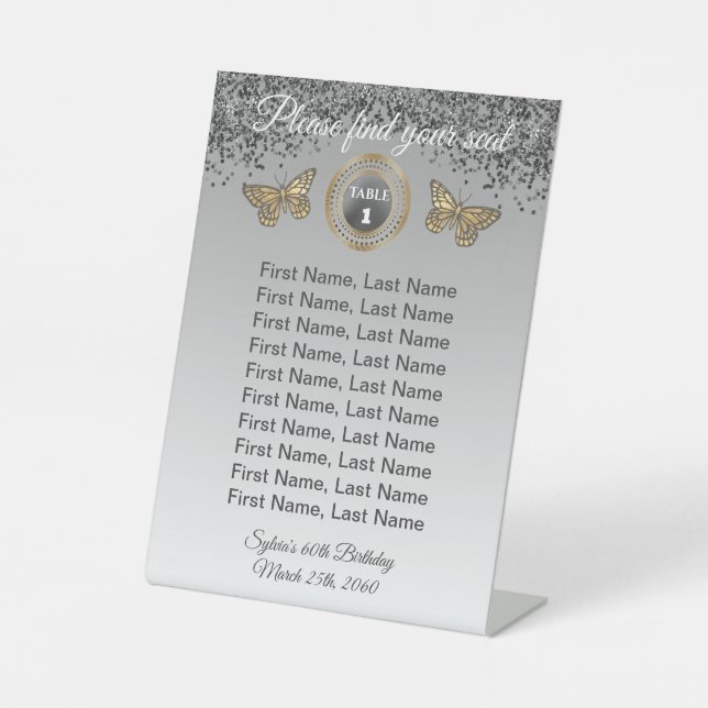 Butterfly & Black Glitzer, Foil Tischnummer Zeiche Sockelschild (Vorderseite)