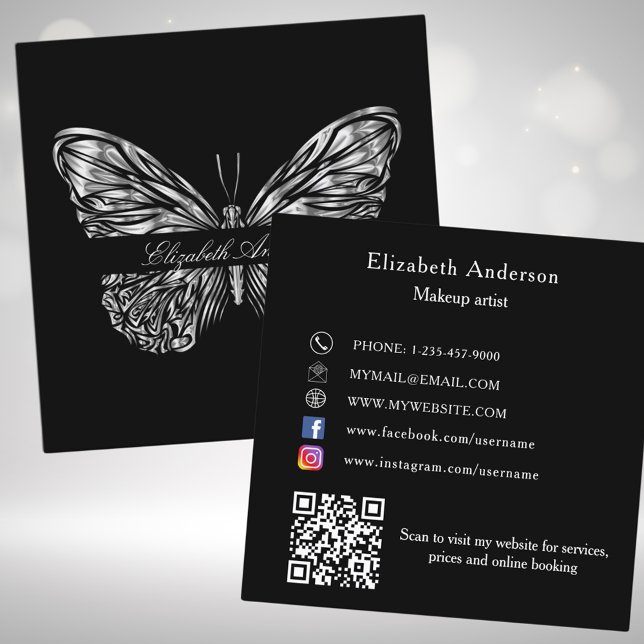 Butterfly Black Silver QR-Code Quadratische Visitenkarte (Von Creator hochgeladen)