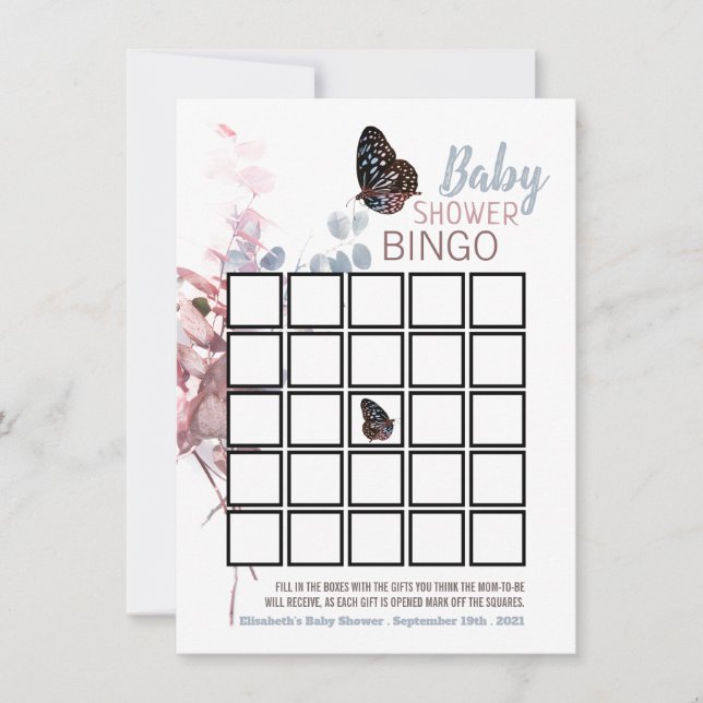 Butterfly-Blätter, elegantes Baby-Duschbingo (Vorderseite)