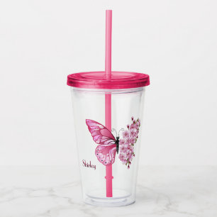 Butterfly Blossom Tumbler mit Individuelle Name Acryltrinkbecher