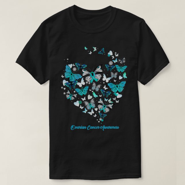 Butterfly Blue Heart Ovarieller Krebs Bewusstsein T-Shirt (Design vorne)