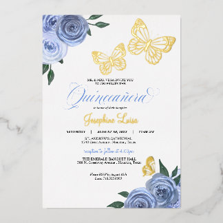 Butterfly Blue Rose Quinceanera Real Folieneinladung