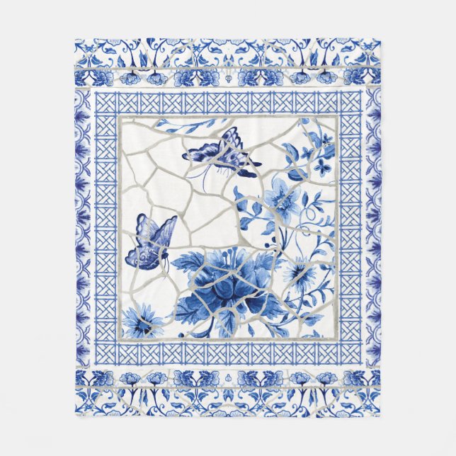 Butterfly Blue und White Chinoiserie Chic Blume Fleecedecke (Vorderseite)
