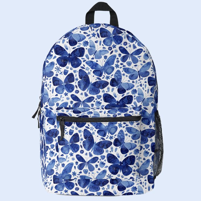 Butterfly Blue Watercolor Bedruckter Rucksack (Navy indigo blue and white watercolor butterfly pattern backpack)