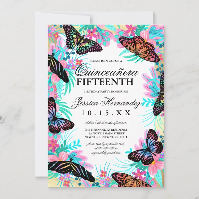 Butterfly-Blume Blätter Wasserfarbe Quinceañera Einladung (Vorderseite)