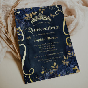 Butterfly Blume Elegant Gold Navy Quinceanera Folieneinladung