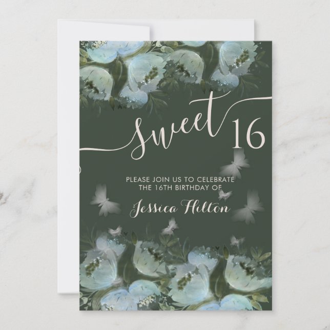 Butterfly Blumengarten 16 . Geburtstag Einladung (Vorderseite)