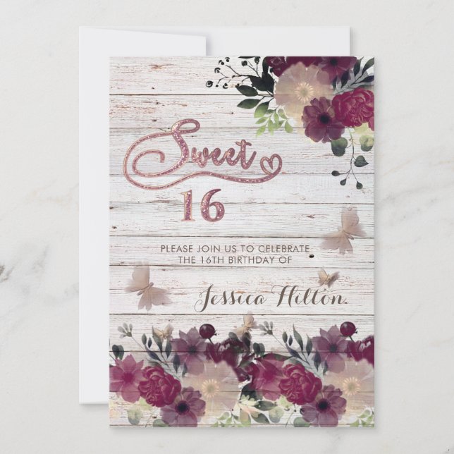 Butterfly Blumengarten 16 . Geburtstag Einladung (Vorderseite)