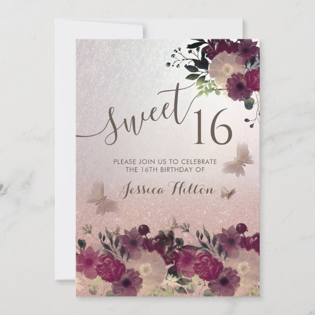 Butterfly Blumengarten 16 . Geburtstag Einladung (Vorderseite)