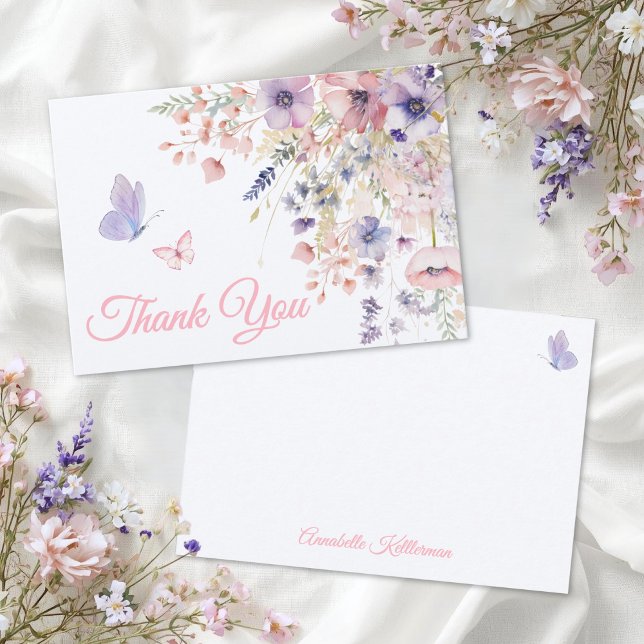 Butterfly Blush Pink Purple Wildflower Dankeskarte (Butterfly Blush Pink Purple Wildflower Thank You Card)