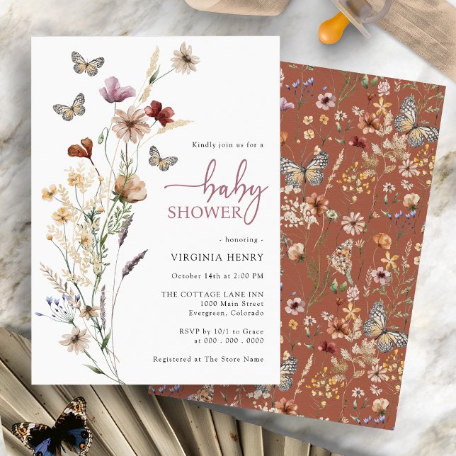 Butterfly Boho Wildblume Babydusche Einladung (Terracotta Butterfly Boho Wildflower Baby Shower Invitation by Painted Paperie
)