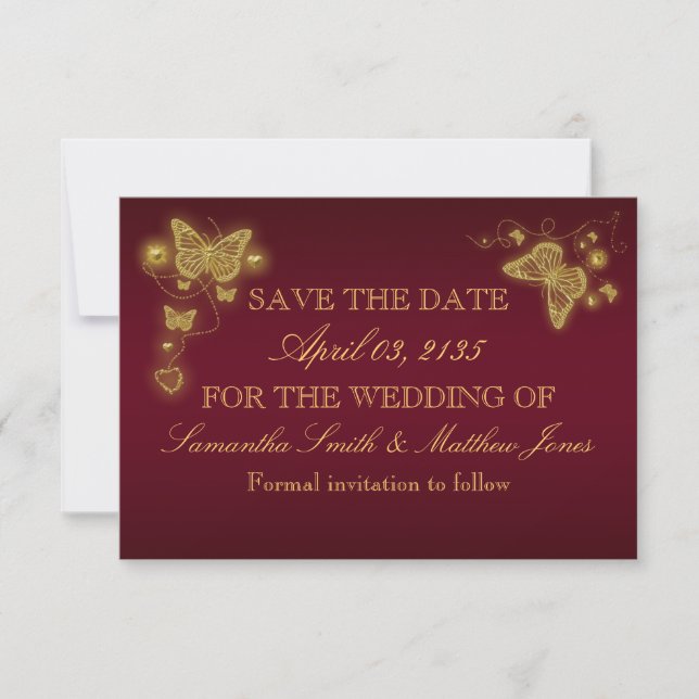 Butterfly burgundy Gold Hochzeitsreaktion Save The Date (Vorderseite)