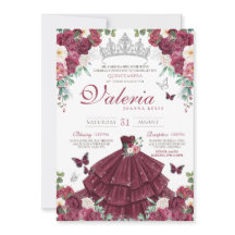 Butterfly Burgundy Red Silver Floral Quinceañera