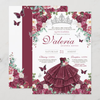 Butterfly Burgundy Red Silver Floral Quinceañera Einladung
