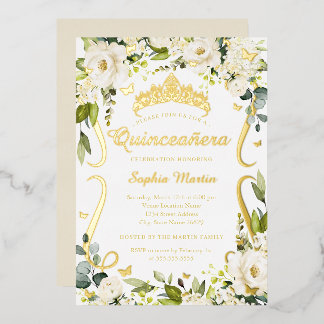 Butterfly Champagne Floral Gold Quinceanera Folieneinladung
