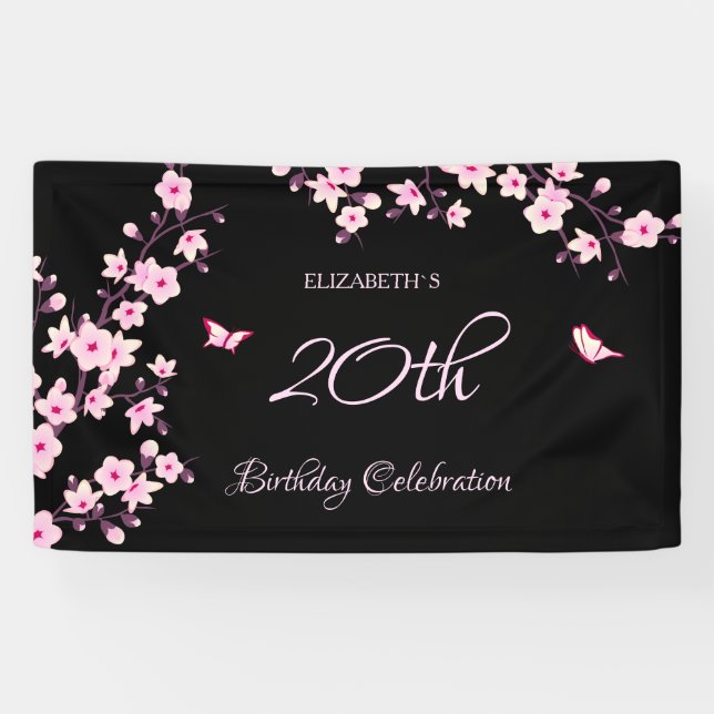 Butterfly Cherry Blüten Rosa Schwarz Banner (Horizontal)