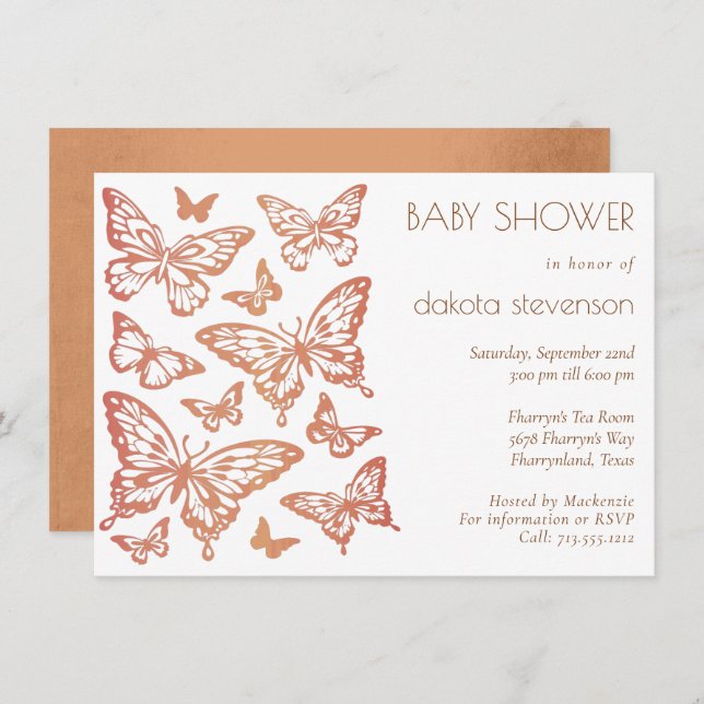 Butterfly Chic Baby Dusche | Dusty Burnt Orange Einladung (Vorne/Hinten)