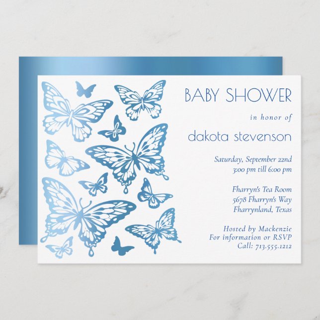 Butterfly Chic | Classic Blue Shine Baby Dusche Einladung (Vorne/Hinten)