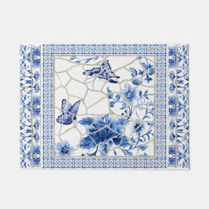 Butterfly Chinoiserie Chic Blume Blau und Weiß Fußmatte