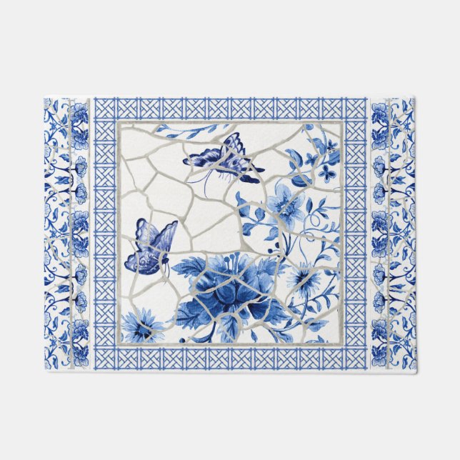 Butterfly Chinoiserie Chic Blume Blau und Weiß Fußmatte (Vorderseite)