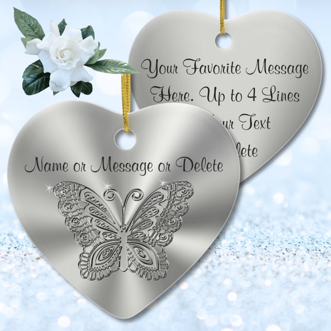 Butterfly Christmas Ornaments with 2 Text Boxes Keramik Ornament (Silver butterfly ornaments are special, memorial gift ideas. Inexpensive, butterfly ornaments bulk.)