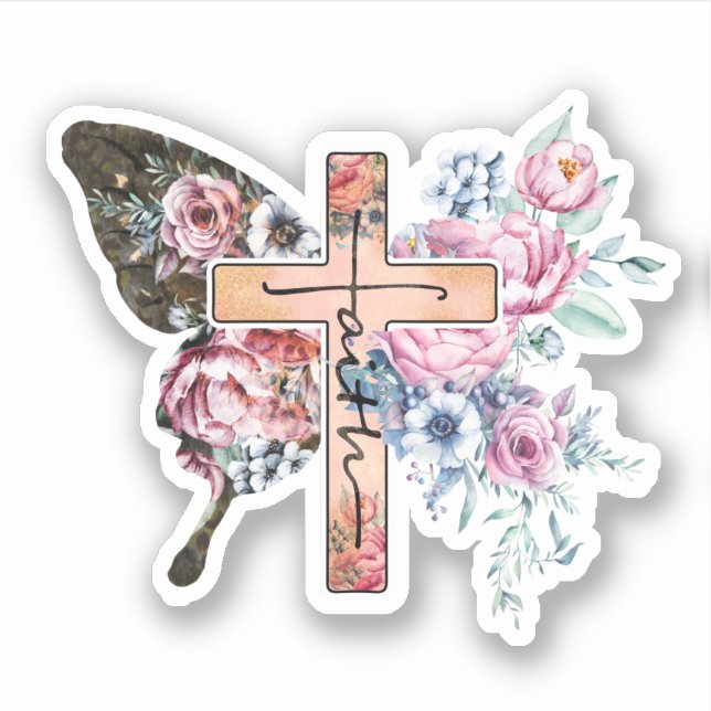 Butterfly Cross Faith floral Aufkleber (Vorderseite)
