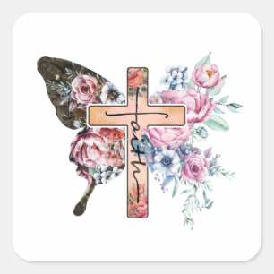 Butterfly Cross Faith floral Quadratischer Aufkleber