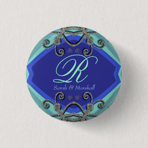 Butterfly Curles Aqua+Blue Monogram Button